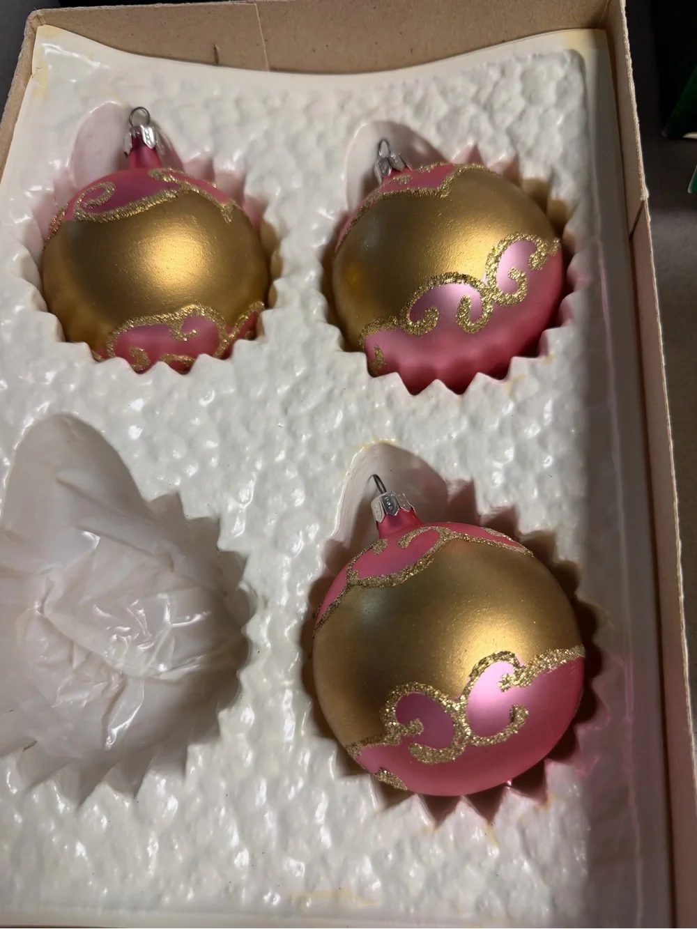 Vintage Christmas by Krebs Glass Ornaments Lot 7 Pink Flowers Gold Boxed